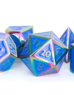 Poly Metal Dice Set Rainbow W/ Blue Enamel